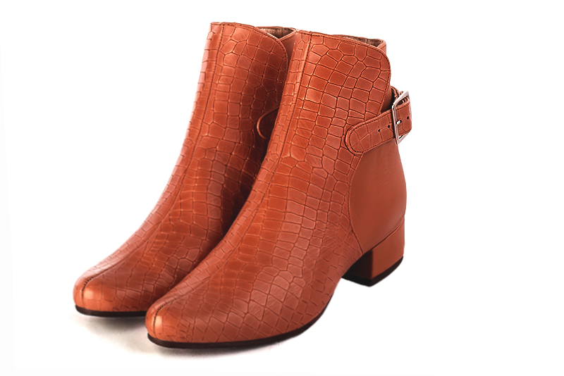 French elegance and refinement for these terracotta orange dress booties, with buckles at the back, 
                available in many subtle leather and colour combinations. Customise or not, with your materials and colours.
This charming ankle boot fits snugly around the ankle.
It closes on the outside with a buckle.  
                Matching clutches for parties, ceremonies and weddings.   
                You can customize these buckle ankle boots to perfectly match your tastes or needs, and have a unique model.  
                Choice of leathers, colours, knots and heels. 
                Wide range of materials and shades carefully chosen.  
                Rich collection of flat, low, mid and high heels.  
                Small and large shoe sizes - Florence KOOIJMAN
